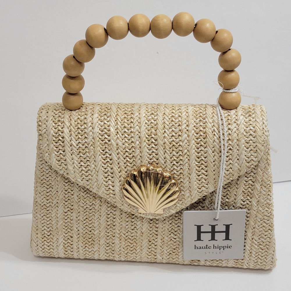 Haute Hippie Woven Straw Gold Sea Shell Clutch Bag Wood Bead Handle Crossbody - Picture 2 of 11